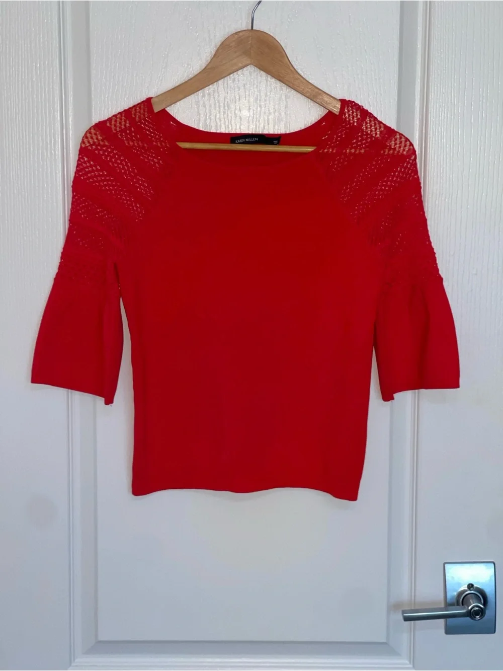 KAREN MILLEN Fluted Sleeve Dress Red Knit Sweater Lace Flared Sleeve Small - Picture 3 of 8